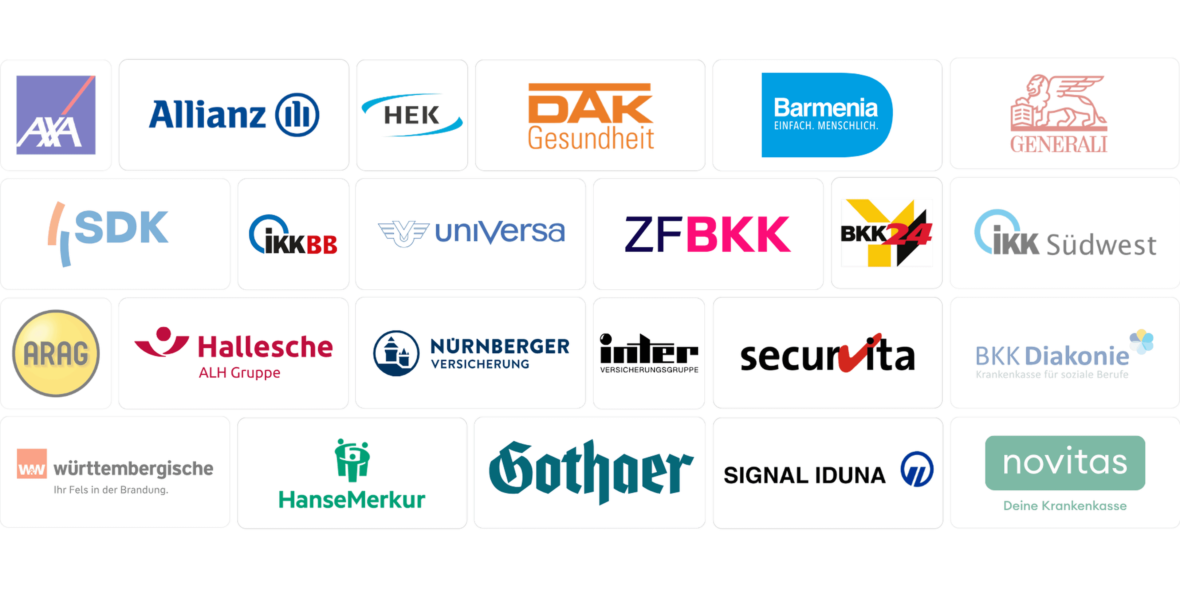 A grid of logos from various insurance companies, including AXA, Allianz, DAK Gesundheit, and others, on a black background.