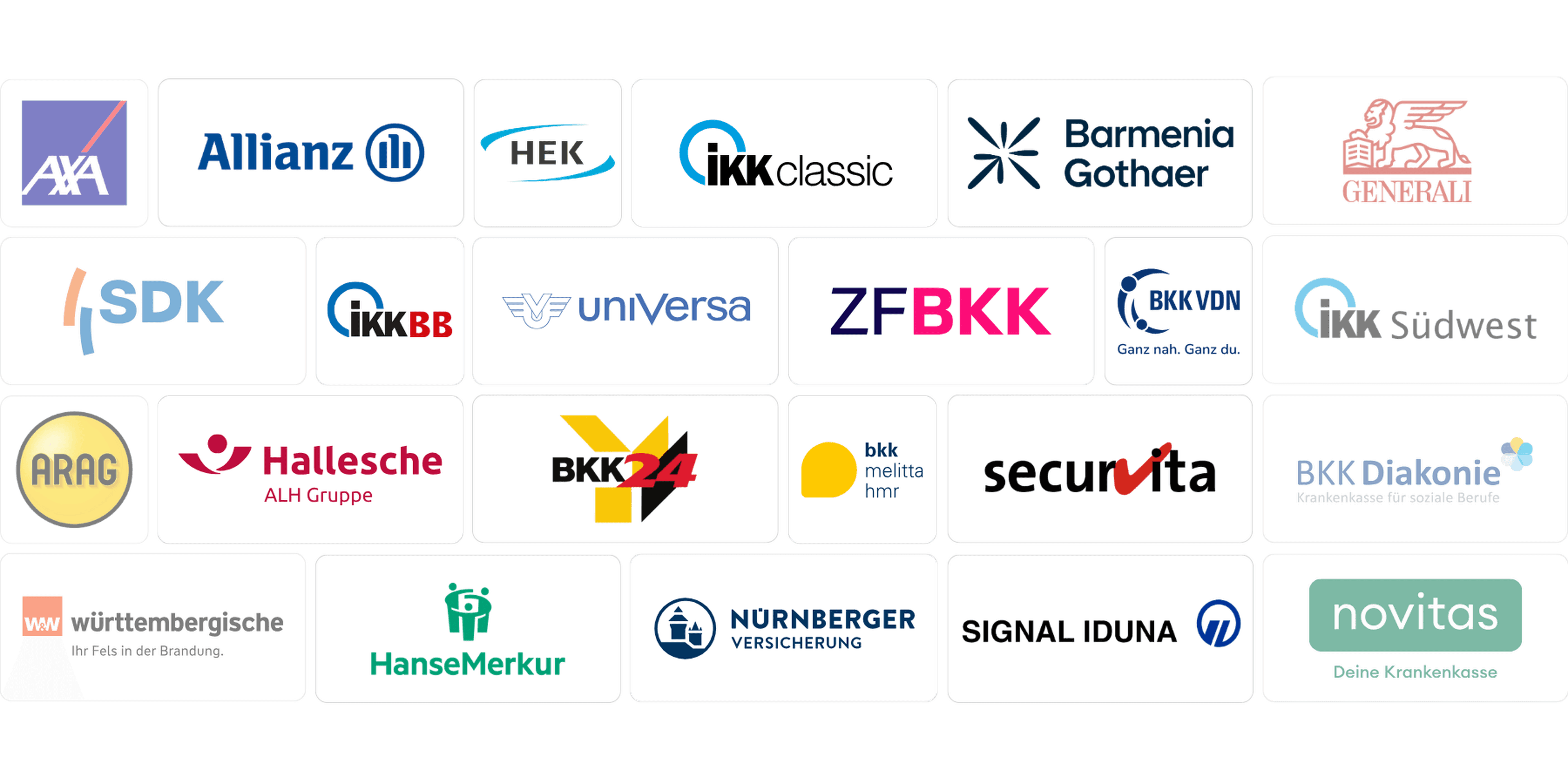 Collage of various insurance company logos, including AXA, Allianz, SDK, and Generali, displayed on a white background.