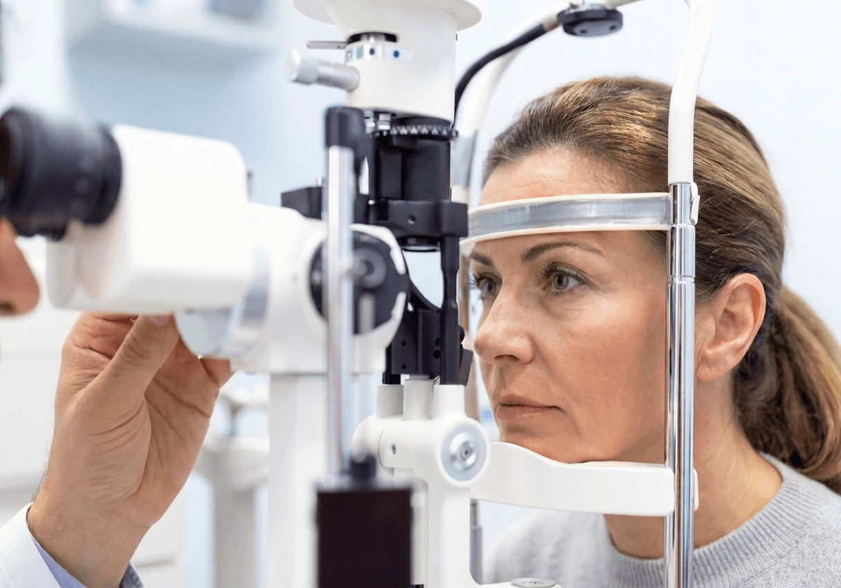 A woman undergoing an eye examination using a slit lamp microscope, with a healthcare professional adjusting the equipment.