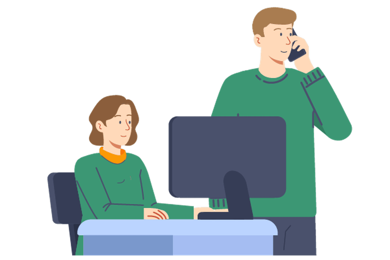 Patientin sitzt am Computer, Patient steht und telefoniert.