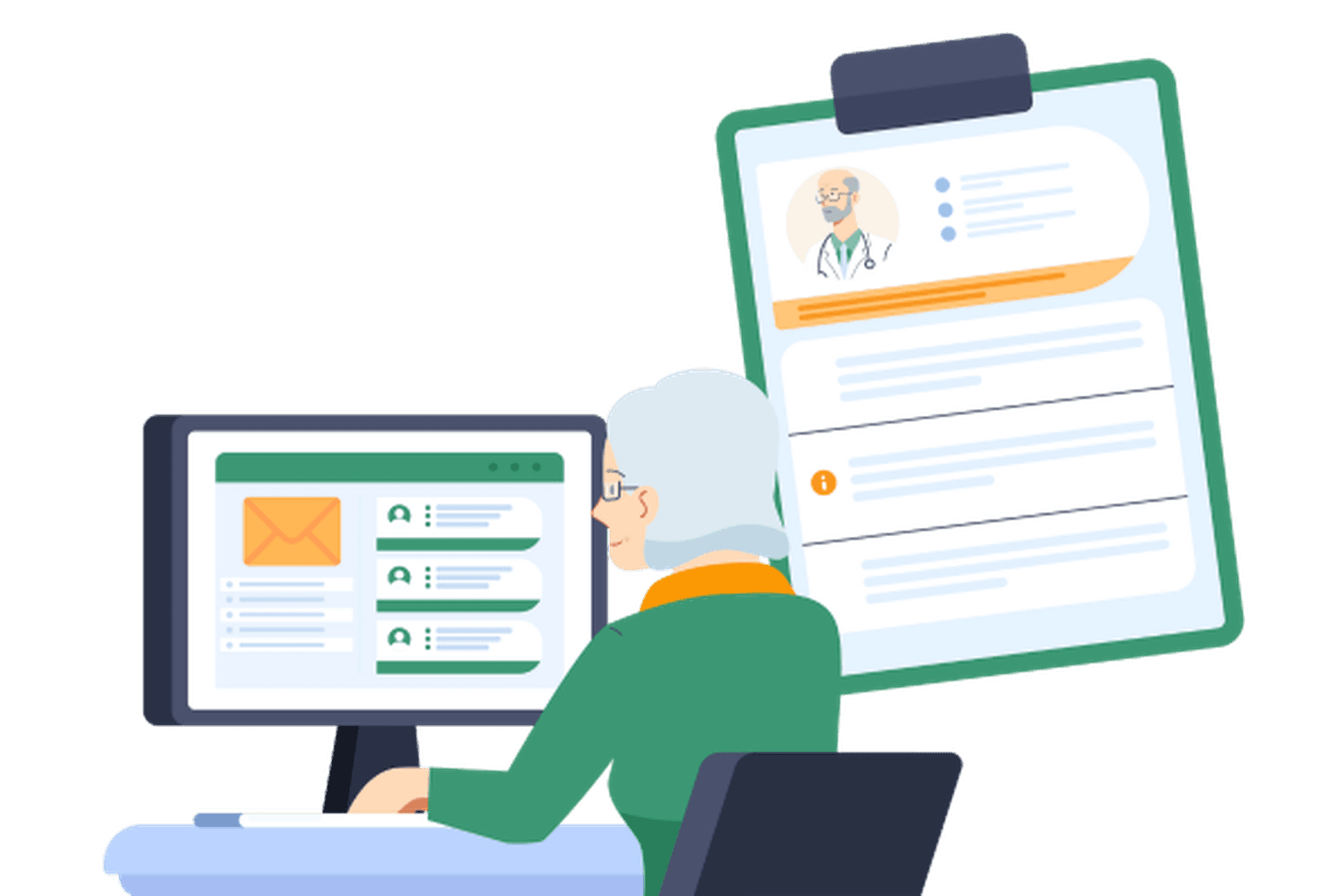 Patientin sitzt am Computer und liest eine E-Mail mit einem Suchergebnis