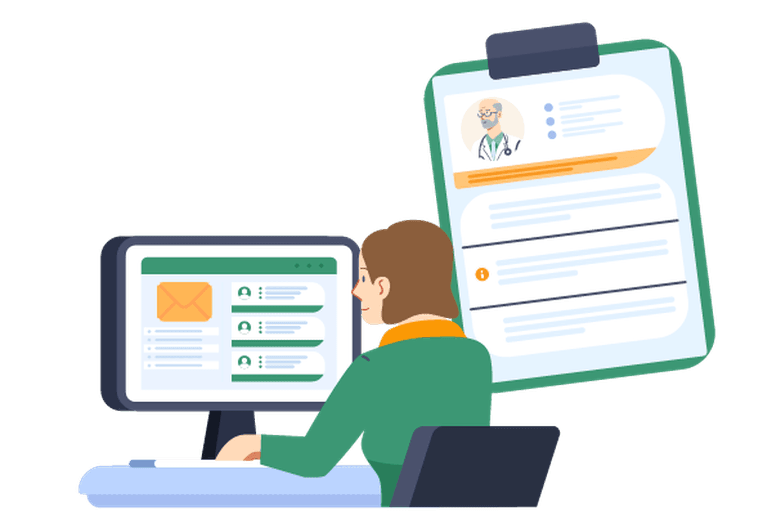 Patientin sitzt am Computer und liest eine E-Mail mit einem Suchergebnis