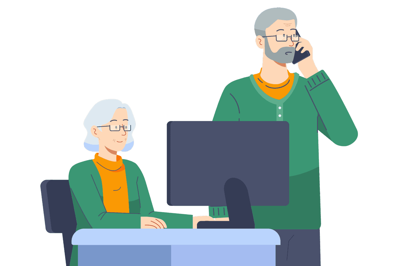 Patientin sitzt am Computer, Patient steht und telefoniert.