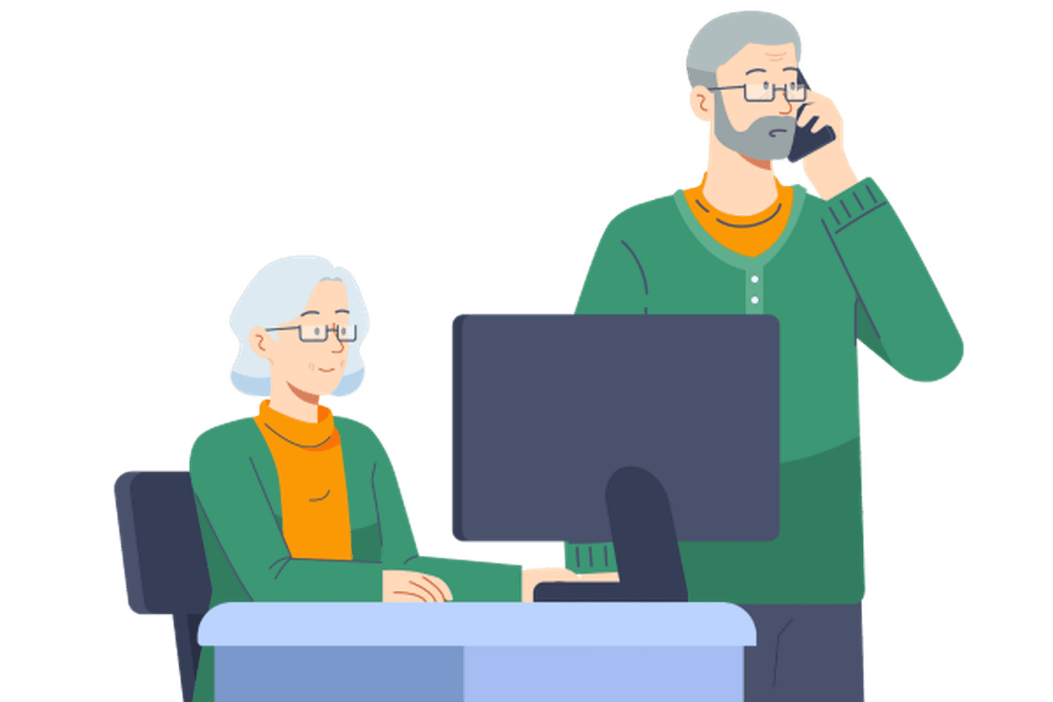 Patientin sitzt am Computer, Patient steht und telefoniert.